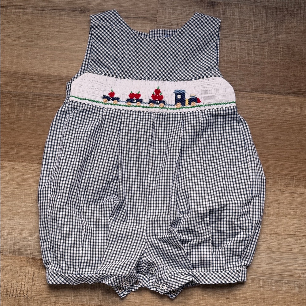 Carriage Boutique Navy and White Gingham Bodysuit with Train Design